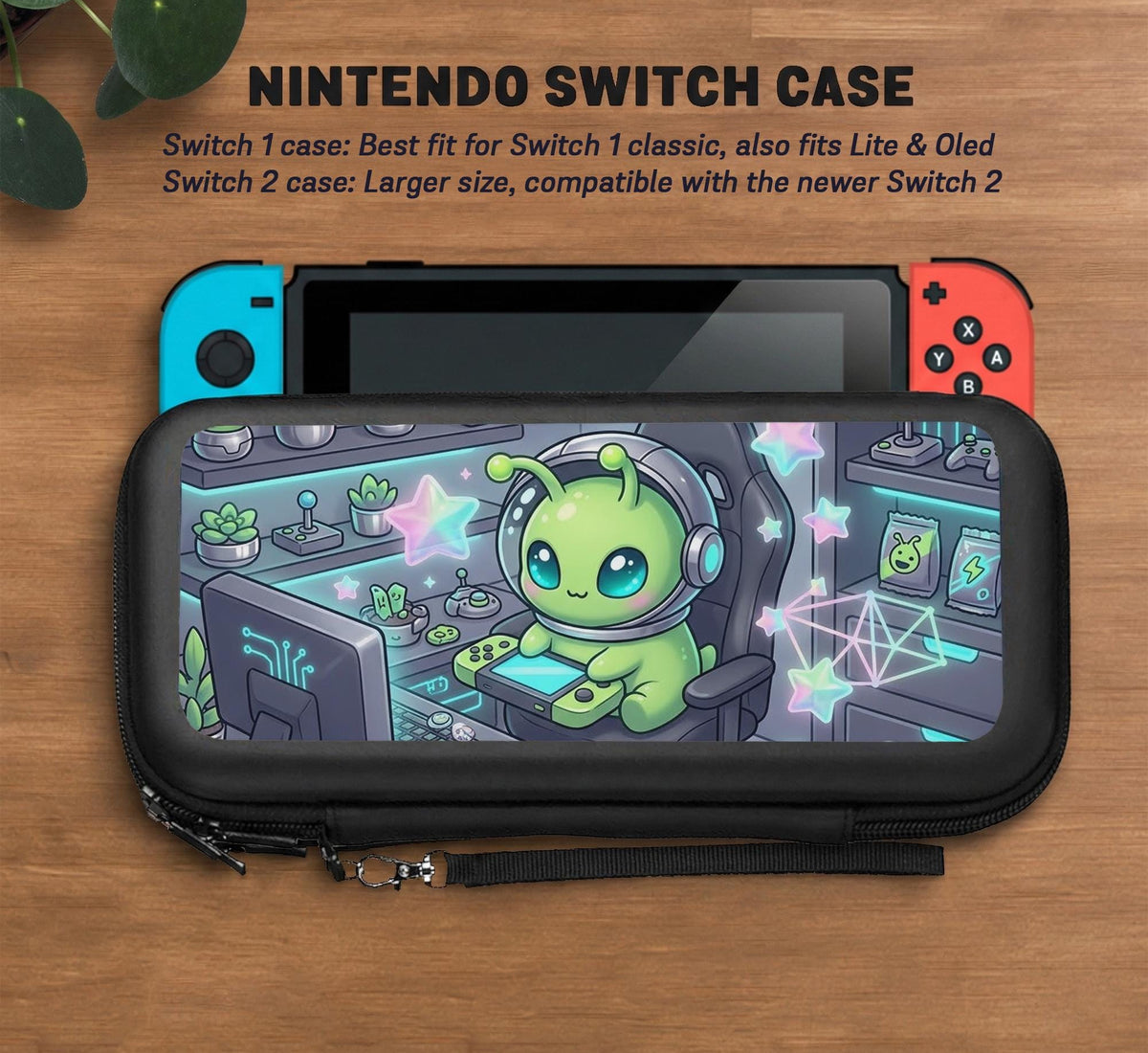 A Switch carrying case design with a cute green alien at a gaming desk, glowing cyan lights, and pastel stars on a dark background.