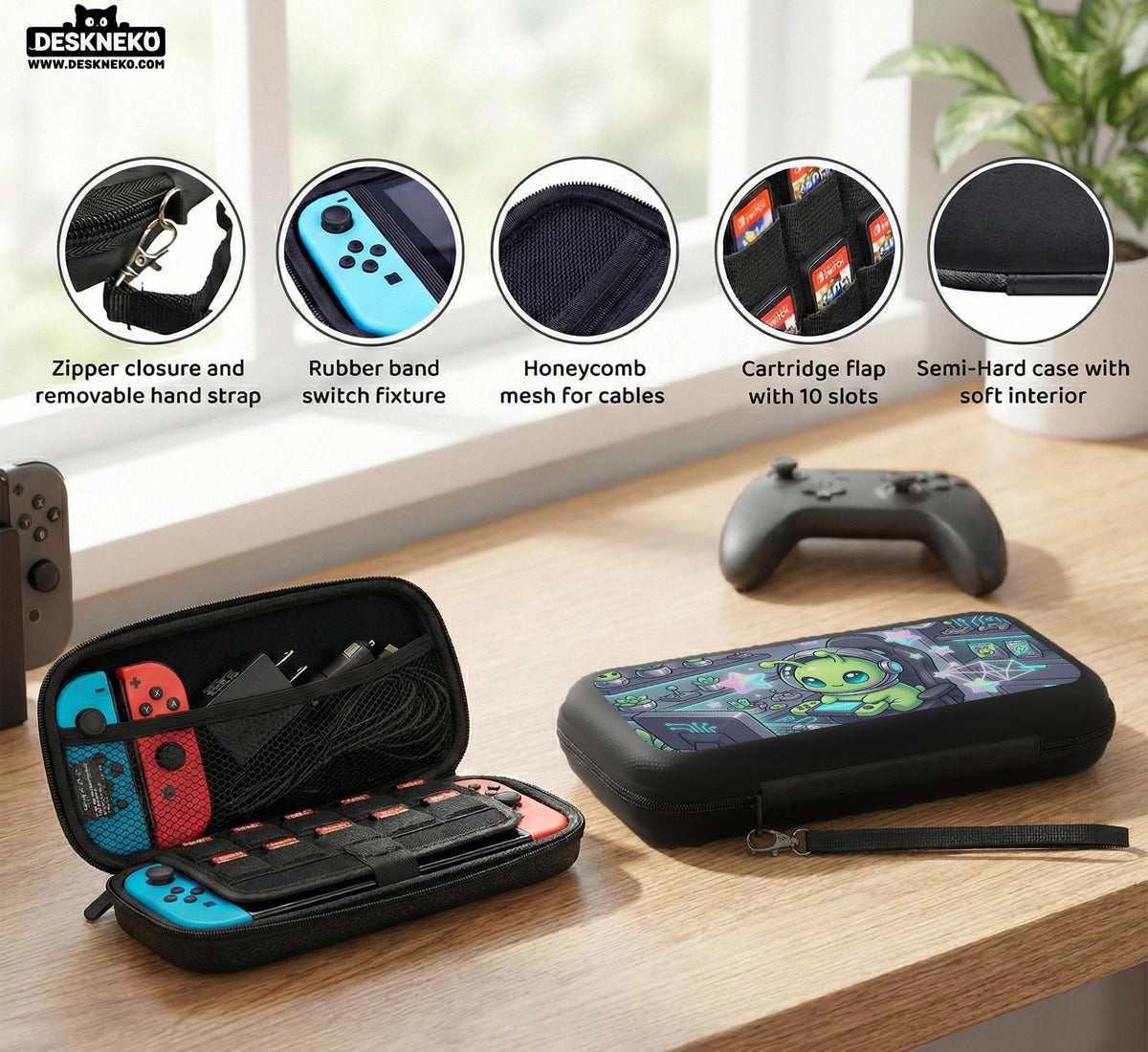 A Switch carrying case design with a cute green alien at a gaming desk, glowing cyan lights, and pastel stars on a dark background.