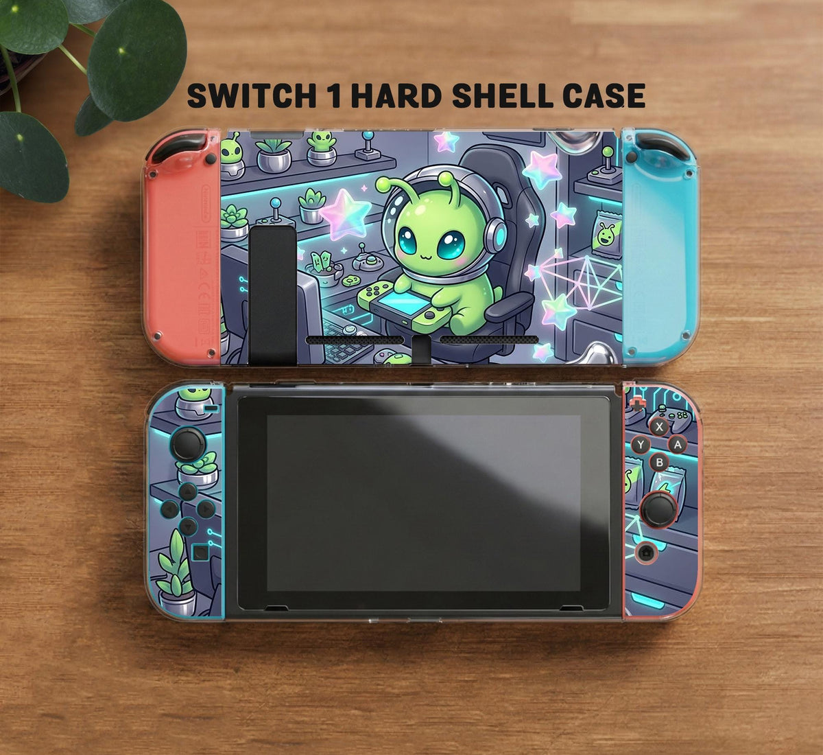 A Switch carrying case design with a cute green alien at a gaming desk, glowing cyan lights, and pastel stars on a dark background.