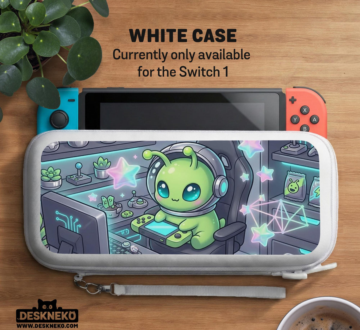 A Switch carrying case design with a cute green alien at a gaming desk, glowing cyan lights, and pastel stars on a dark background.