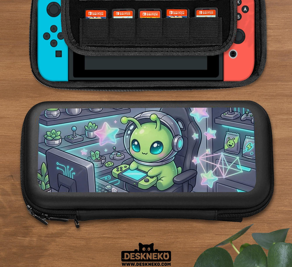 A Switch carrying case design with a cute green alien at a gaming desk, glowing cyan lights, and pastel stars on a dark background.