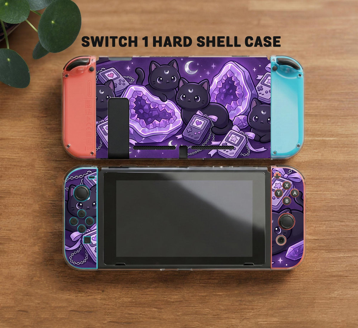 Purple carrying case with black cat faces, moon shapes, stars, and crystal geode style artwork for Nintendo Switch.