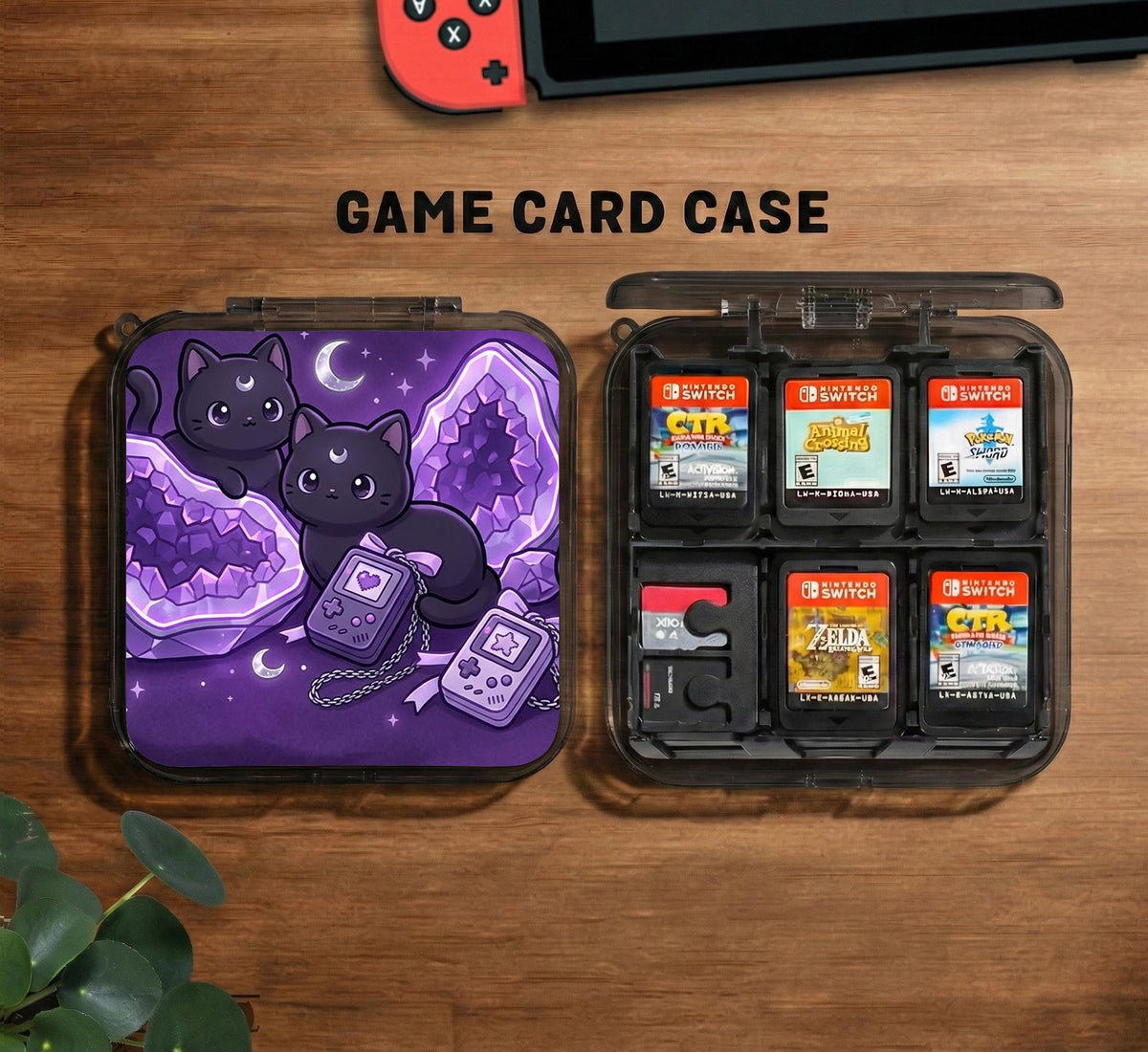 Purple carrying case with black cat faces, moon shapes, stars, and crystal geode style artwork for Nintendo Switch.