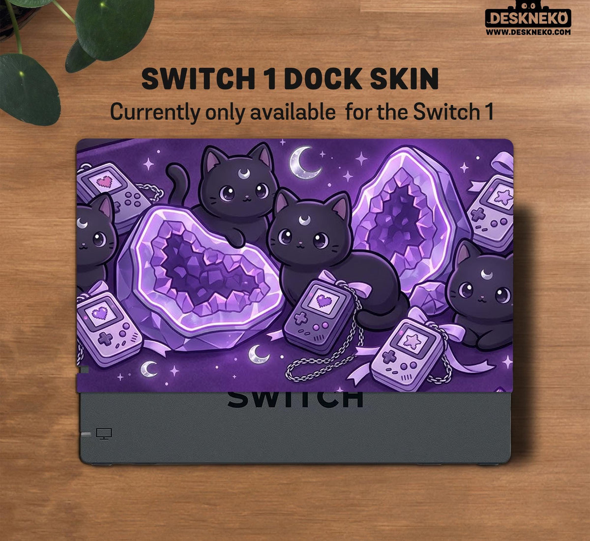 Purple carrying case with black cat faces, moon shapes, stars, and crystal geode style artwork for Nintendo Switch.