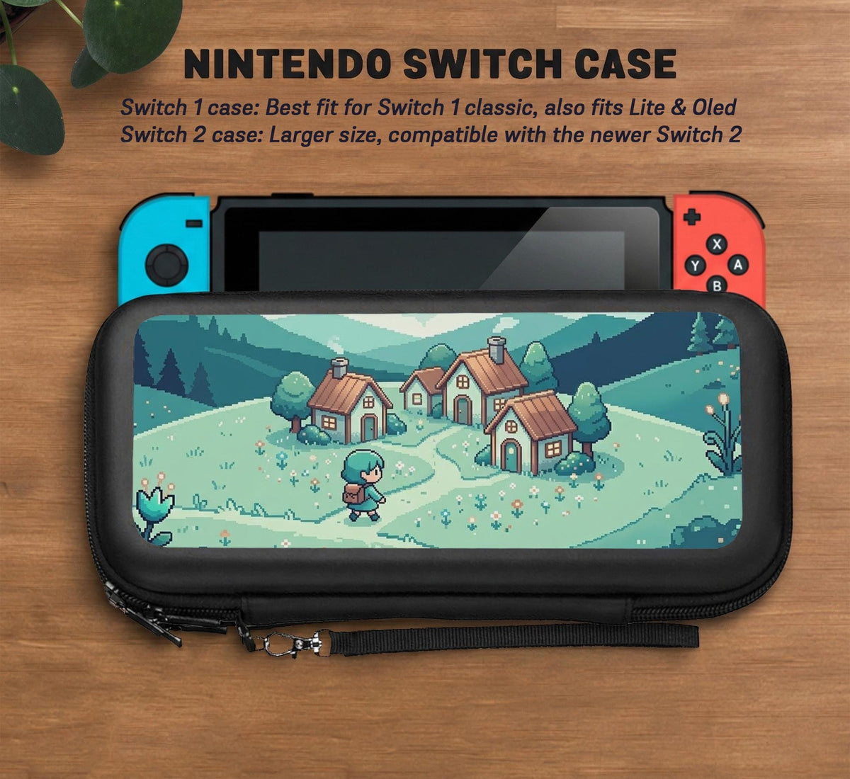 Teal carrying case with a pixel-style village scene, small houses, layered mountains, flowers, and a retro game-inspired landscape design.