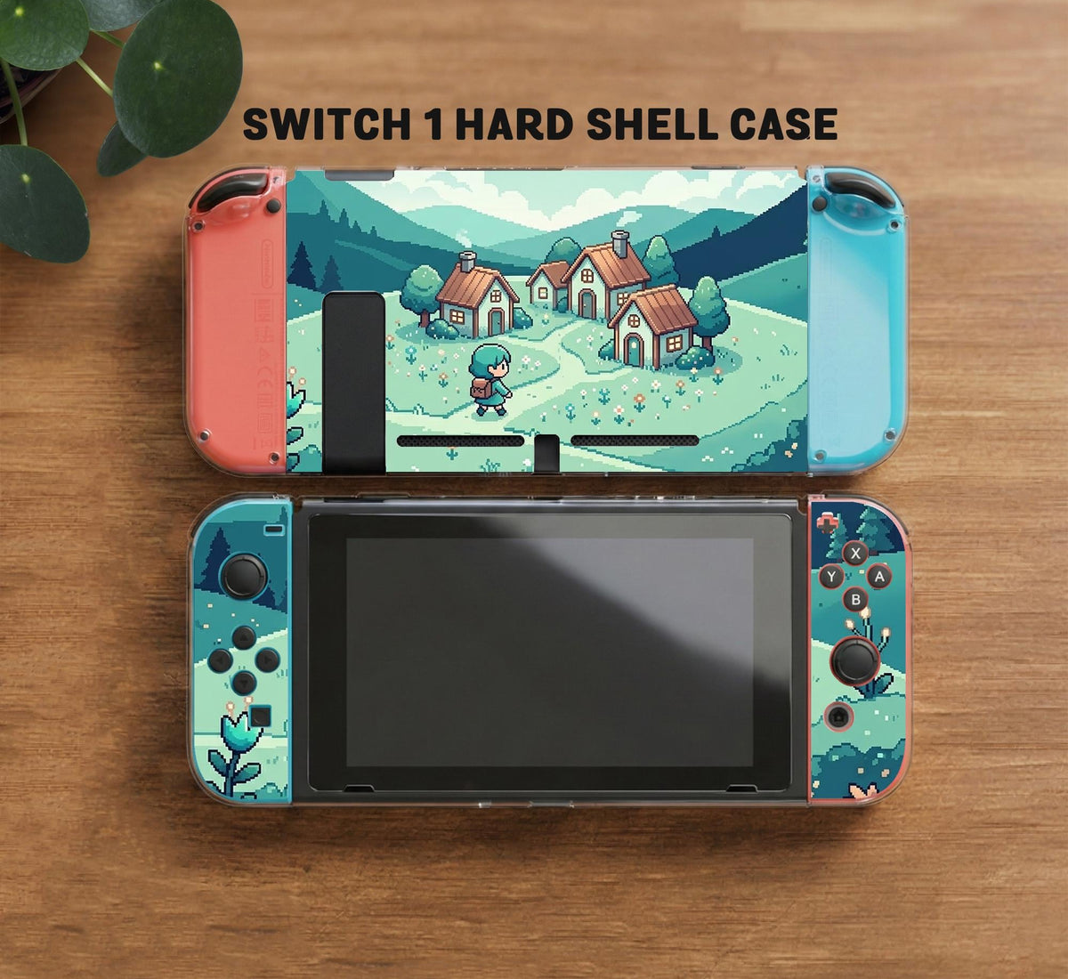 Teal carrying case with a pixel-style village scene, small houses, layered mountains, flowers, and a retro game-inspired landscape design.