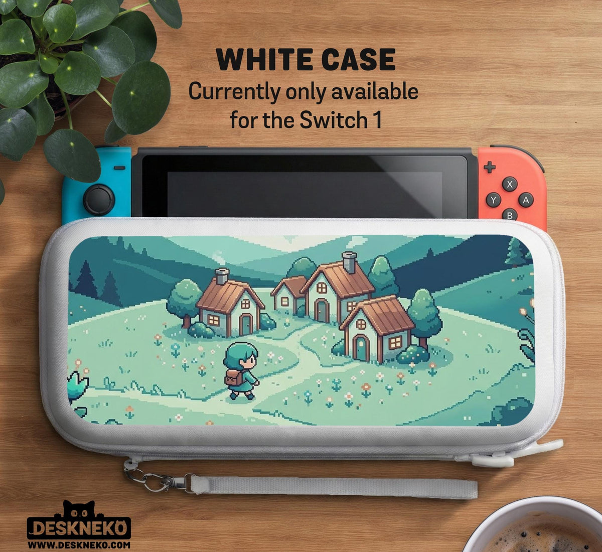 Teal carrying case with a pixel-style village scene, small houses, layered mountains, flowers, and a retro game-inspired landscape design.
