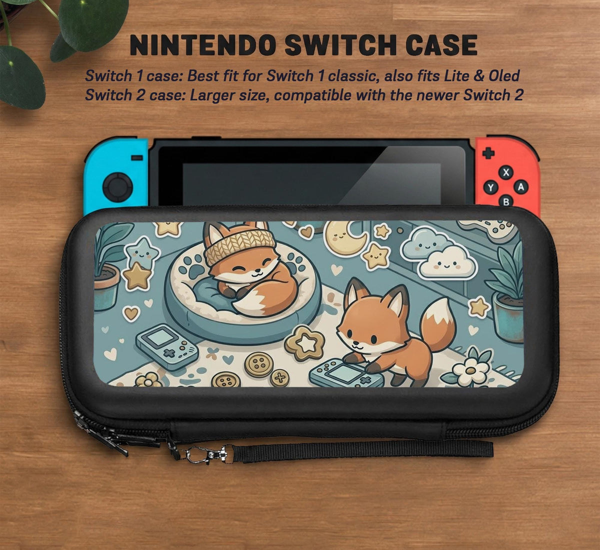 Blue Switch carrying case with cute fox characters, moon and star details, and small potted plants with beige accents.