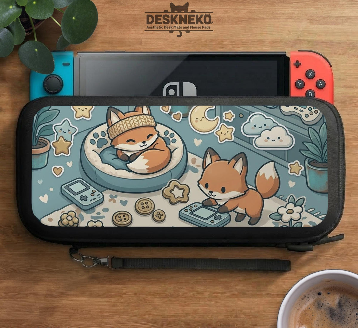 Blue Switch carrying case with cute fox characters, moon and star details, and small potted plants with beige accents.