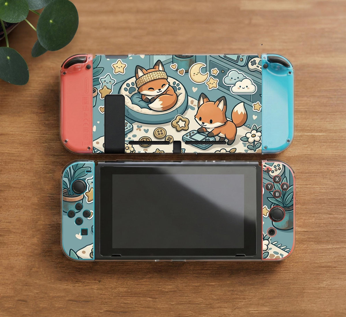 Blue Switch carrying case with cute fox characters, moon and star details, and small potted plants with beige accents.