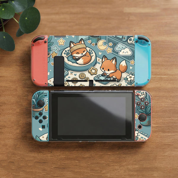 Blue Switch carrying case with cute fox characters, moon and star details, and small potted plants with beige accents.