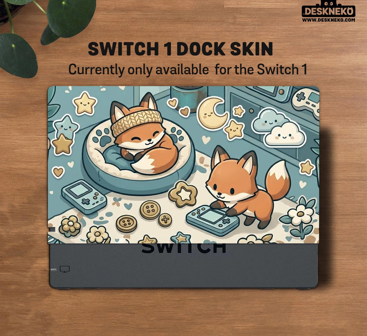 Blue Switch carrying case with cute fox characters, moon and star details, and small potted plants with beige accents.