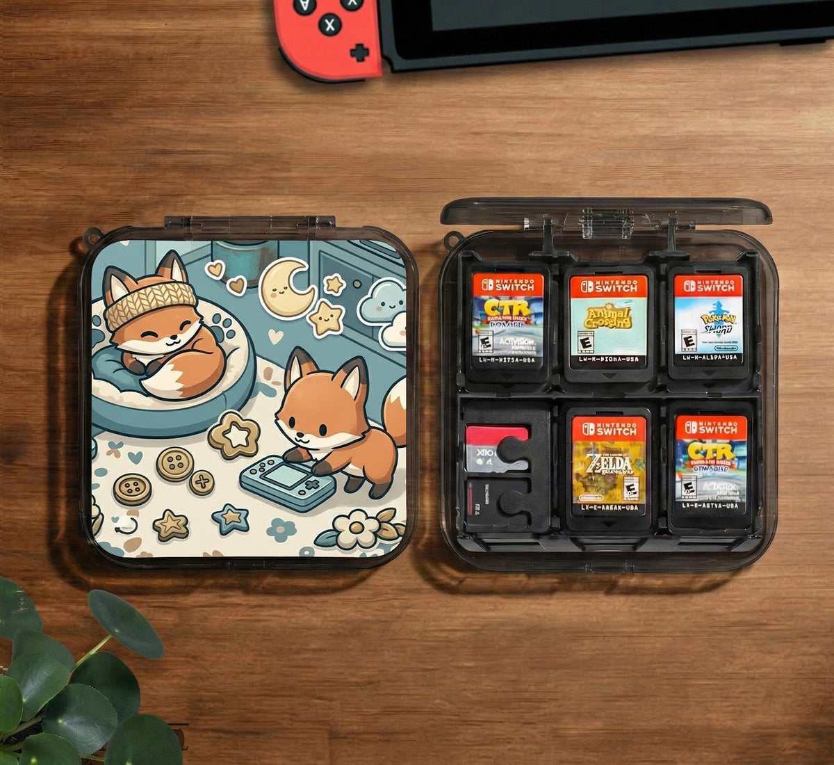 Blue Switch carrying case with cute fox characters, moon and star details, and small potted plants with beige accents.