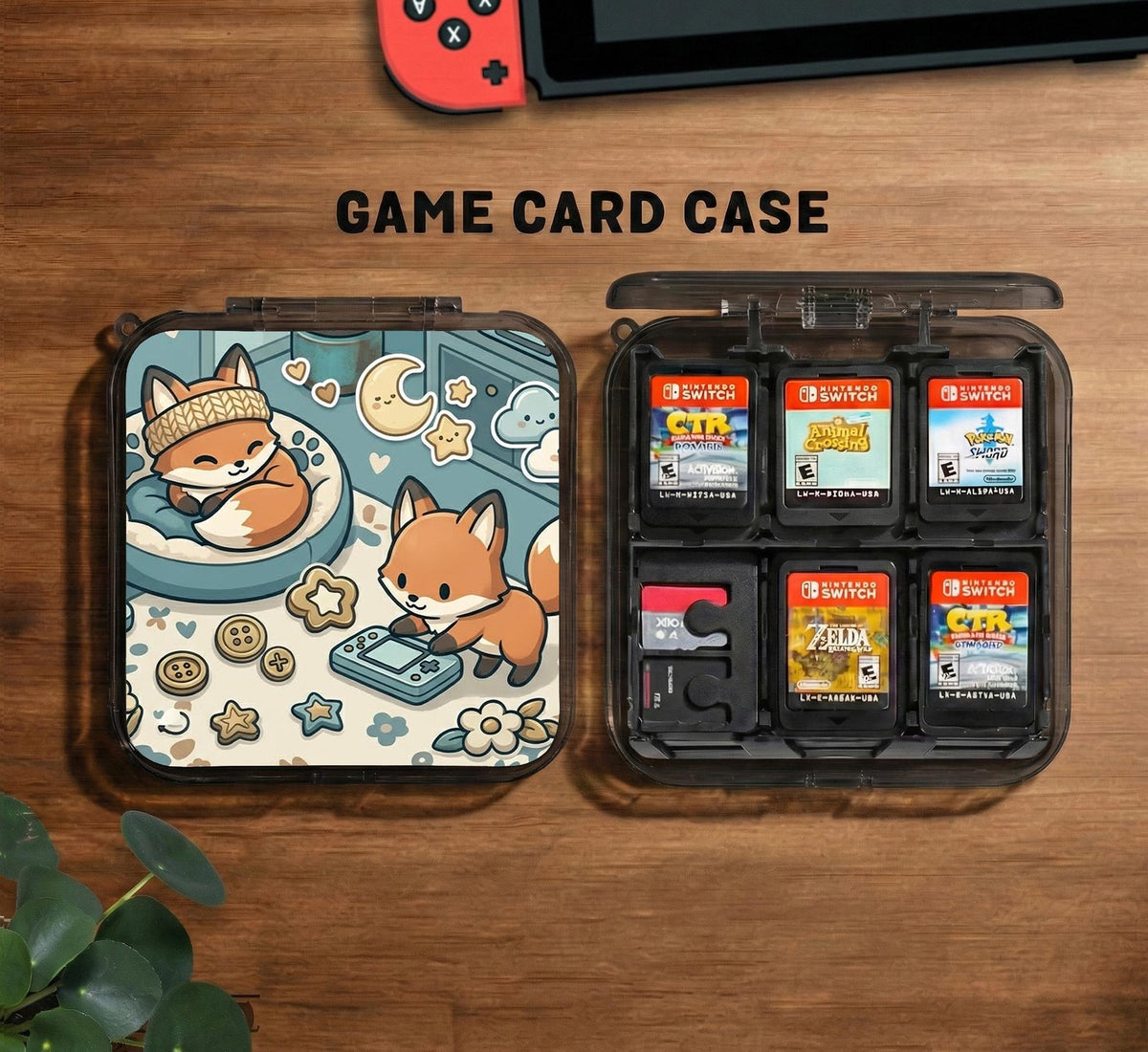 Blue Switch carrying case with cute fox characters, moon and star details, and small potted plants with beige accents.