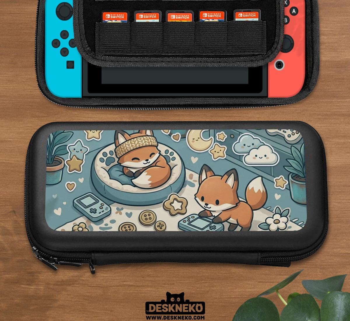 Blue Switch carrying case with cute fox characters, moon and star details, and small potted plants with beige accents.