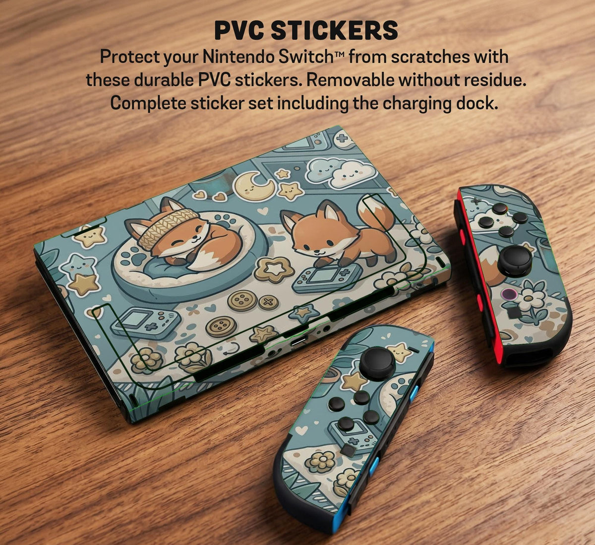 Blue Switch carrying case with cute fox characters, moon and star details, and small potted plants with beige accents.