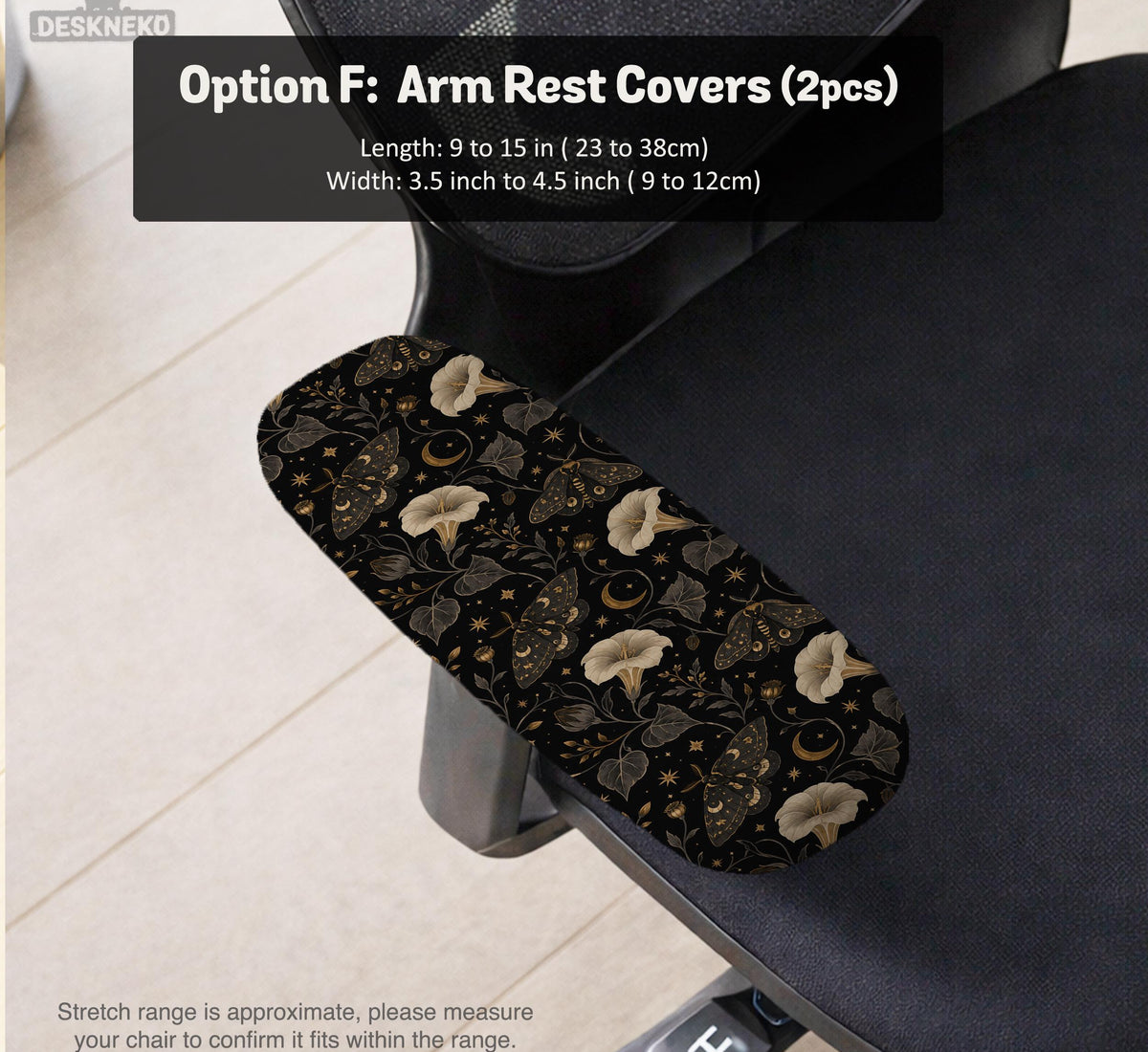 Black chair cover with a moth, moon, and flower pattern in gold, ivory, and dark botanical tones.