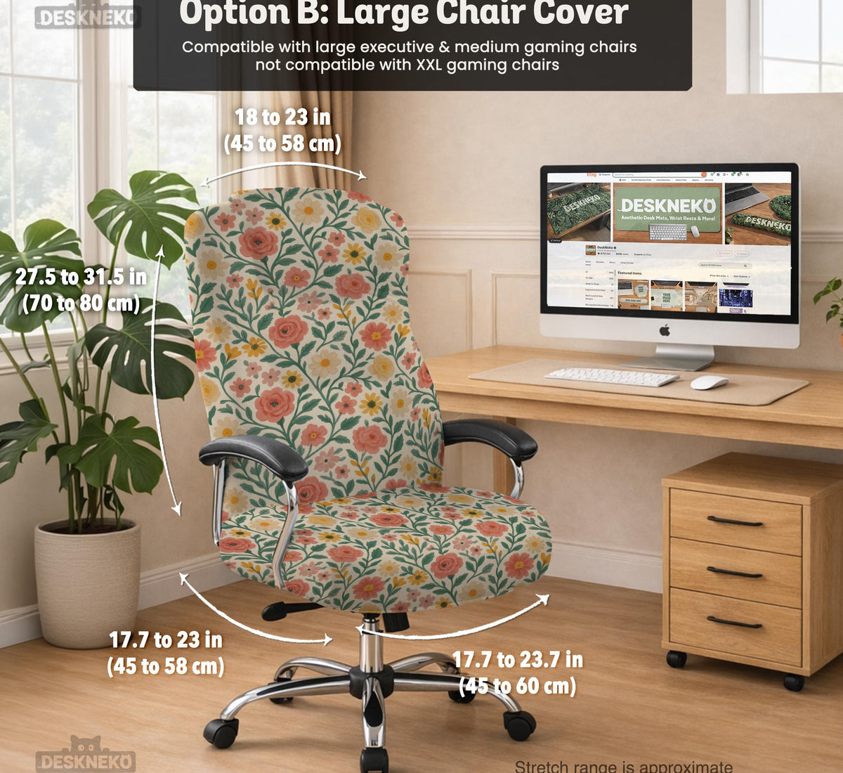 Cream desk chair cover with a vintage floral print featuring coral roses, mustard daisies, and green vines on a chair.