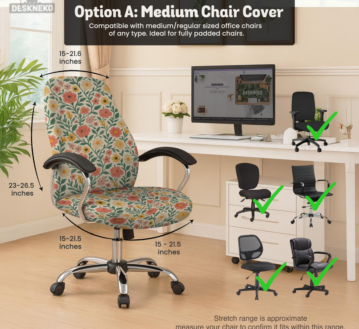 Cream desk chair cover with a vintage floral print featuring coral roses, mustard daisies, and green vines on a chair.
