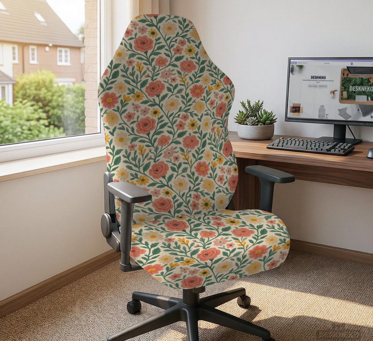 Cream desk chair cover with a vintage floral print featuring coral roses, mustard daisies, and green vines on a chair.