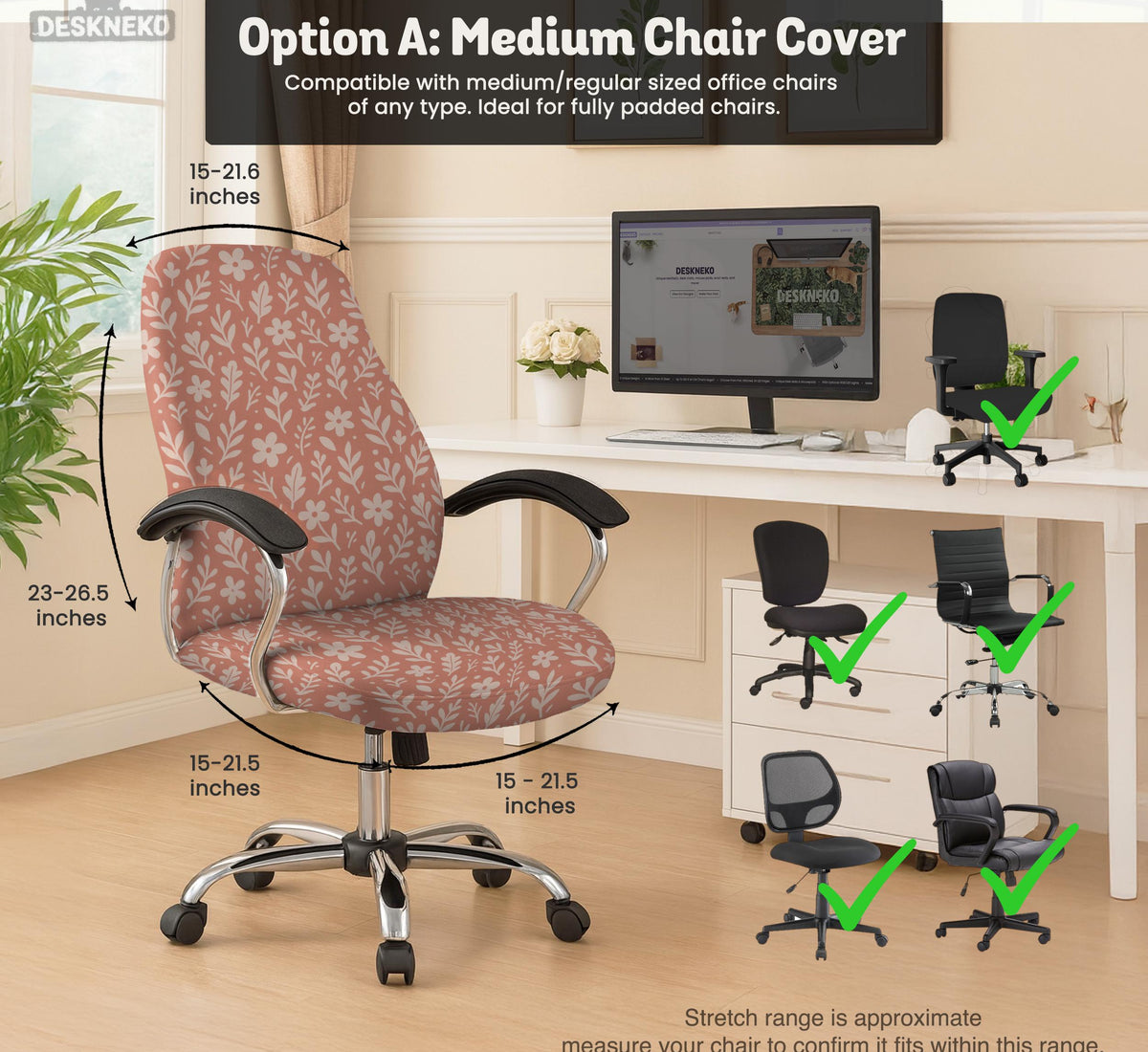 Pink chair cover with a botanical floral print shown on an office chair, with matching armrest covers and multiple cover style options.