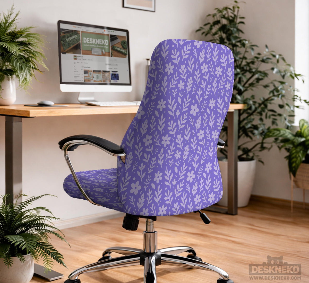 Purple desk chair cover with a botanical floral pattern shown in multiple slipcover options for full chair, back and seat, seat-only, and armrest-only coverage.