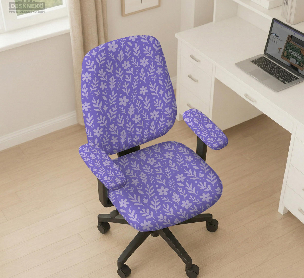 Purple desk chair cover with a botanical floral pattern shown in multiple slipcover options for full chair, back and seat, seat-only, and armrest-only coverage.