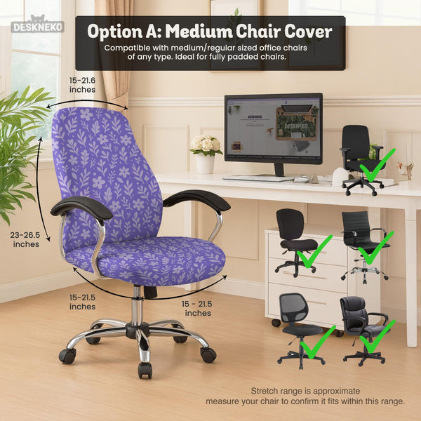 Purple desk chair cover with a botanical floral pattern shown in multiple slipcover options for full chair, back and seat, seat-only, and armrest-only coverage.