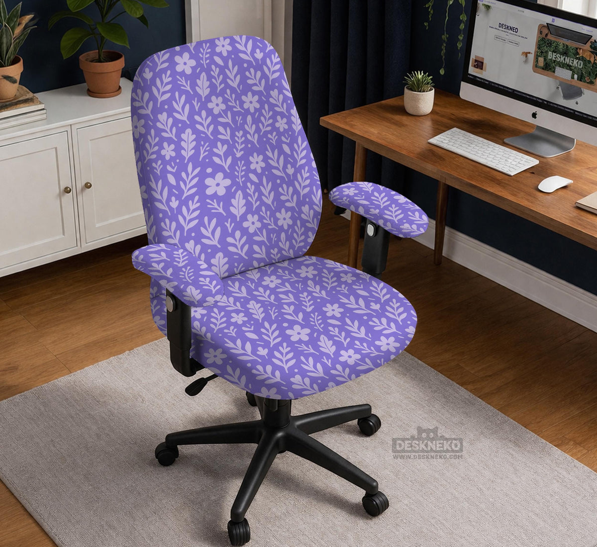 Purple desk chair cover with a botanical floral pattern shown in multiple slipcover options for full chair, back and seat, seat-only, and armrest-only coverage.