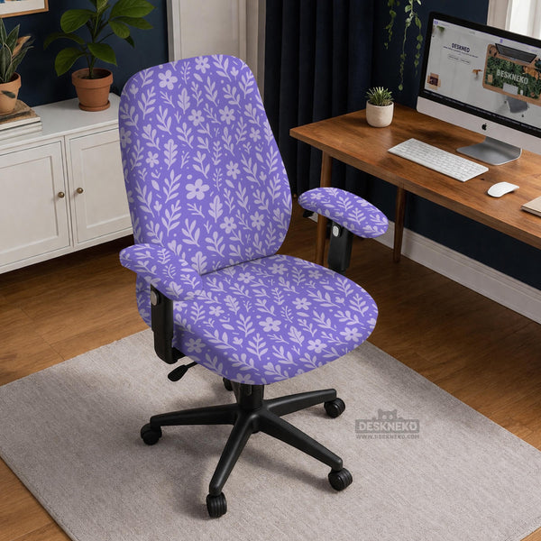Purple desk chair cover with a botanical floral pattern shown in multiple slipcover options for full chair, back and seat, seat-only, and armrest-only coverage.
