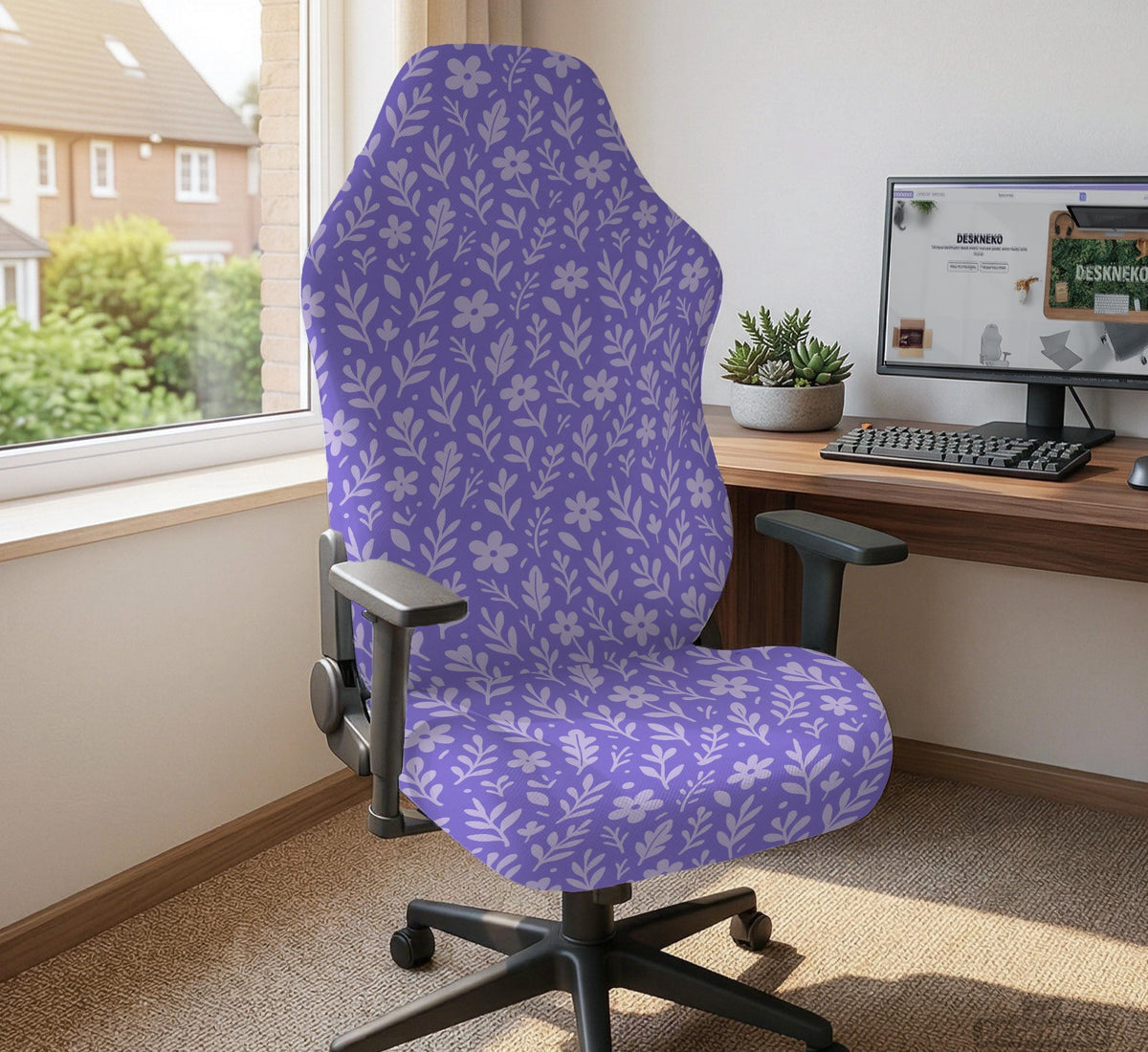 Purple desk chair cover with a botanical floral pattern shown in multiple slipcover options for full chair, back and seat, seat-only, and armrest-only coverage.