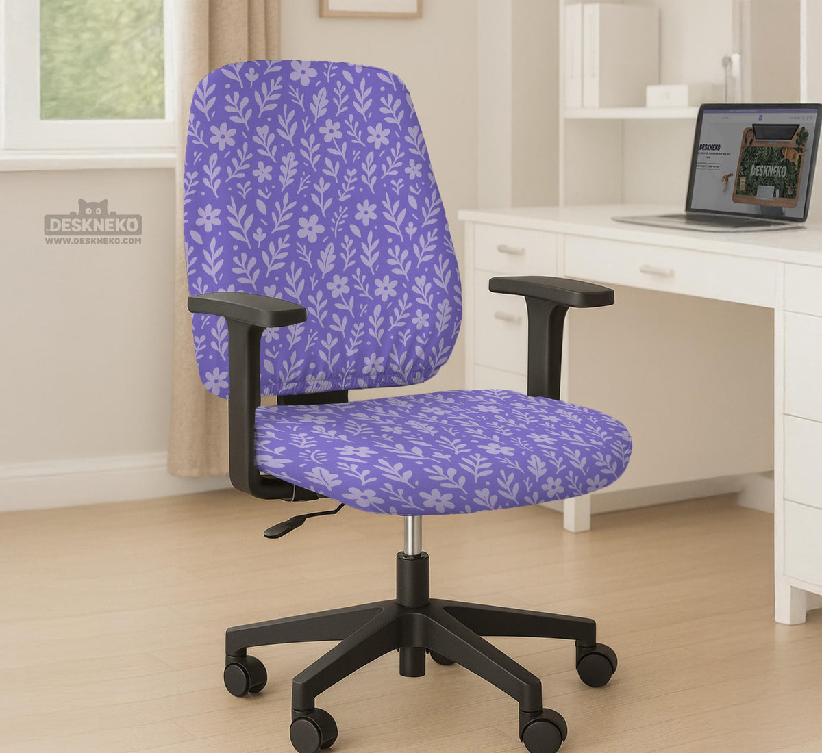 Purple desk chair cover with a botanical floral pattern shown in multiple slipcover options for full chair, back and seat, seat-only, and armrest-only coverage.