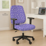 Purple desk chair cover with a botanical floral pattern shown in multiple slipcover options for full chair, back and seat, seat-only, and armrest-only coverage.
