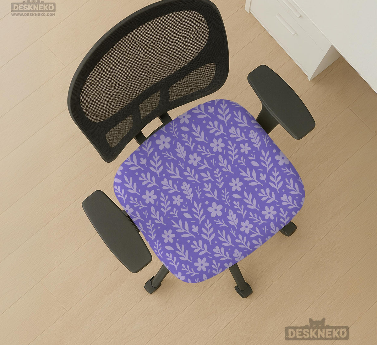 Purple desk chair cover with a botanical floral pattern shown in multiple slipcover options for full chair, back and seat, seat-only, and armrest-only coverage.