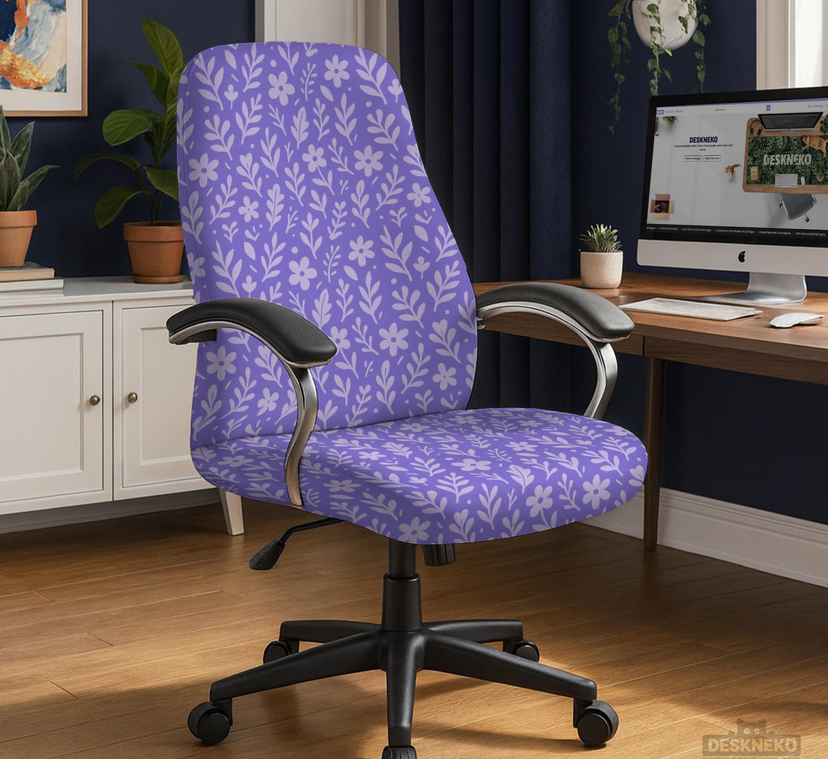 Purple desk chair cover with a botanical floral pattern shown in multiple slipcover options for full chair, back and seat, seat-only, and armrest-only coverage.