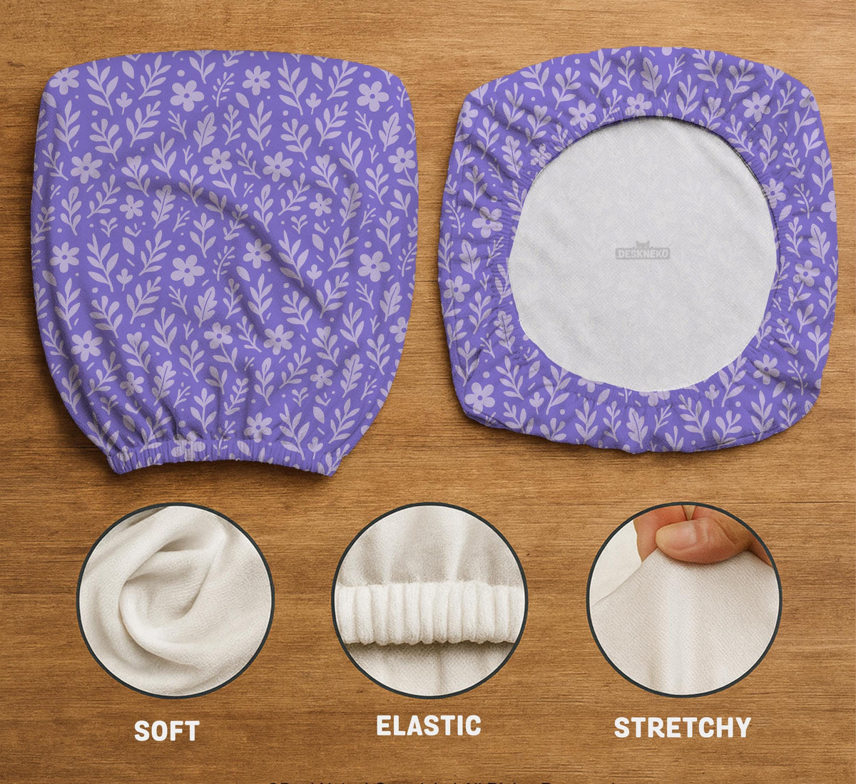 Purple desk chair cover with a botanical floral pattern shown in multiple slipcover options for full chair, back and seat, seat-only, and armrest-only coverage.