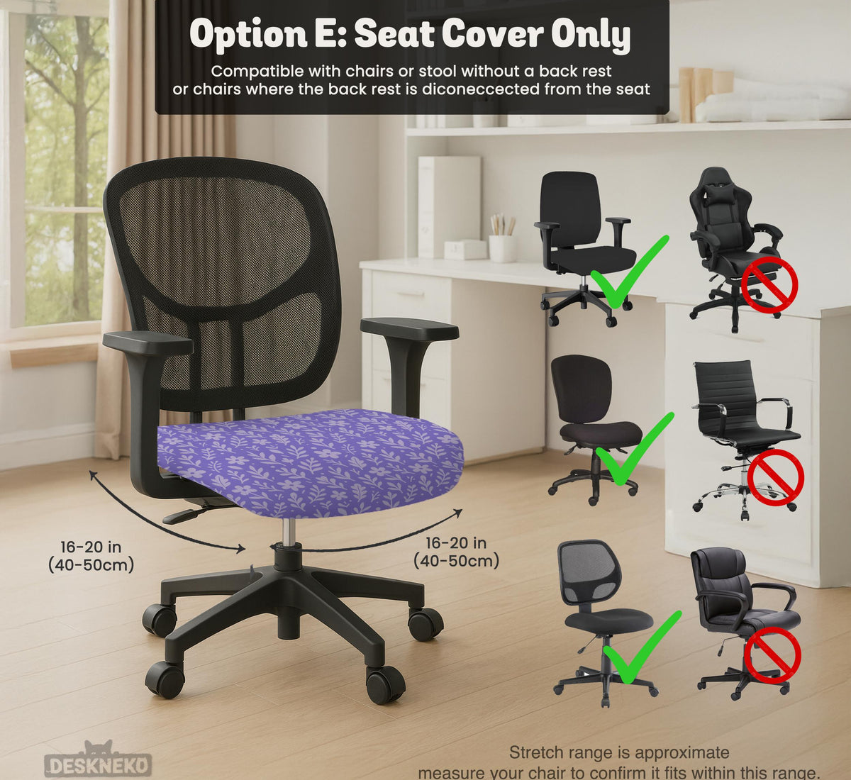 Purple desk chair cover with a botanical floral pattern shown in multiple slipcover options for full chair, back and seat, seat-only, and armrest-only coverage.