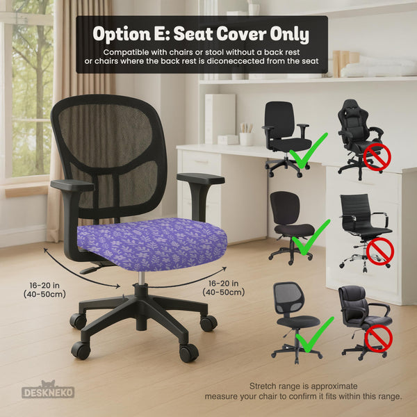 Purple desk chair cover with a botanical floral pattern shown in multiple slipcover options for full chair, back and seat, seat-only, and armrest-only coverage.