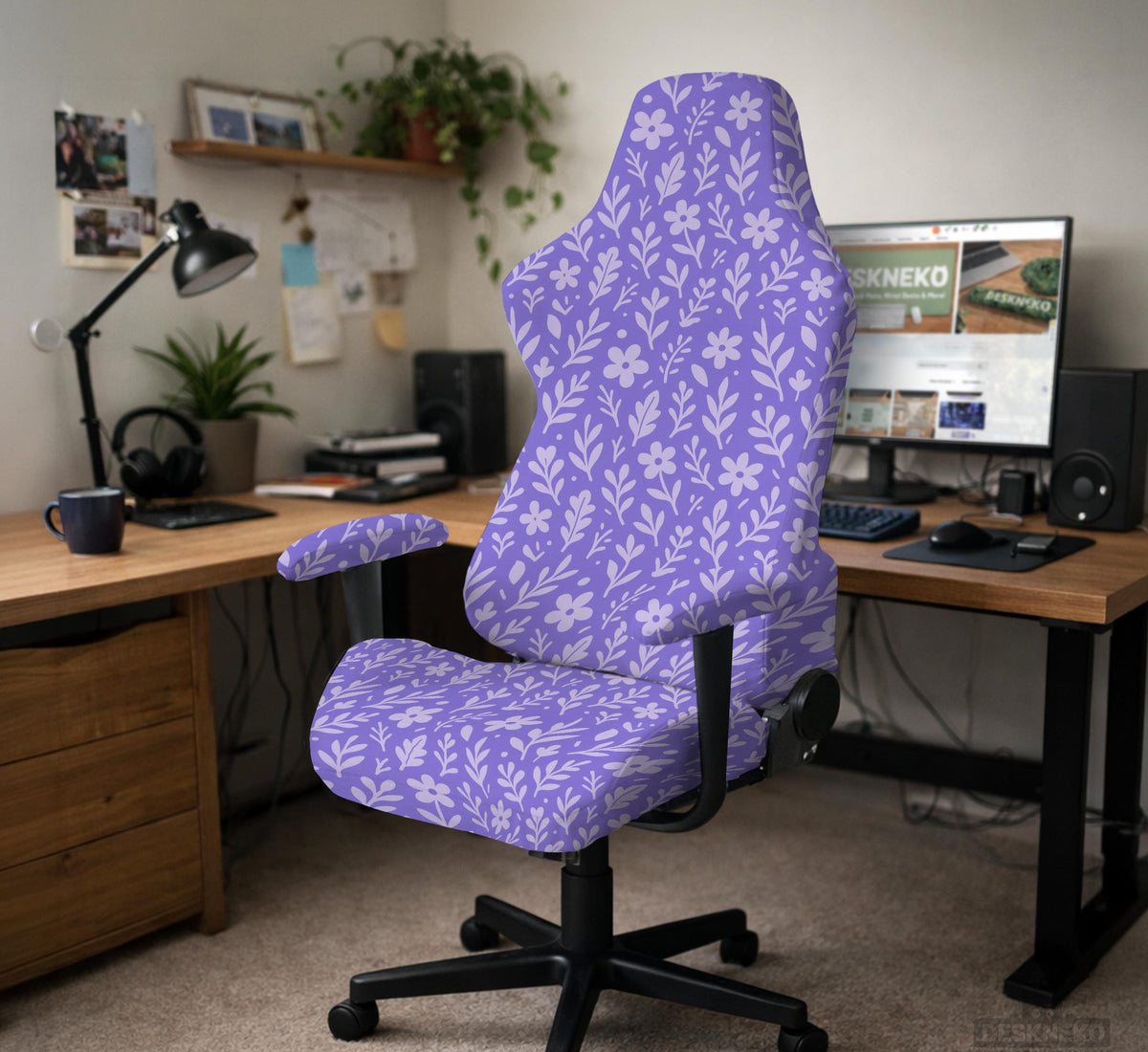 Purple desk chair cover with a botanical floral pattern shown in multiple slipcover options for full chair, back and seat, seat-only, and armrest-only coverage.