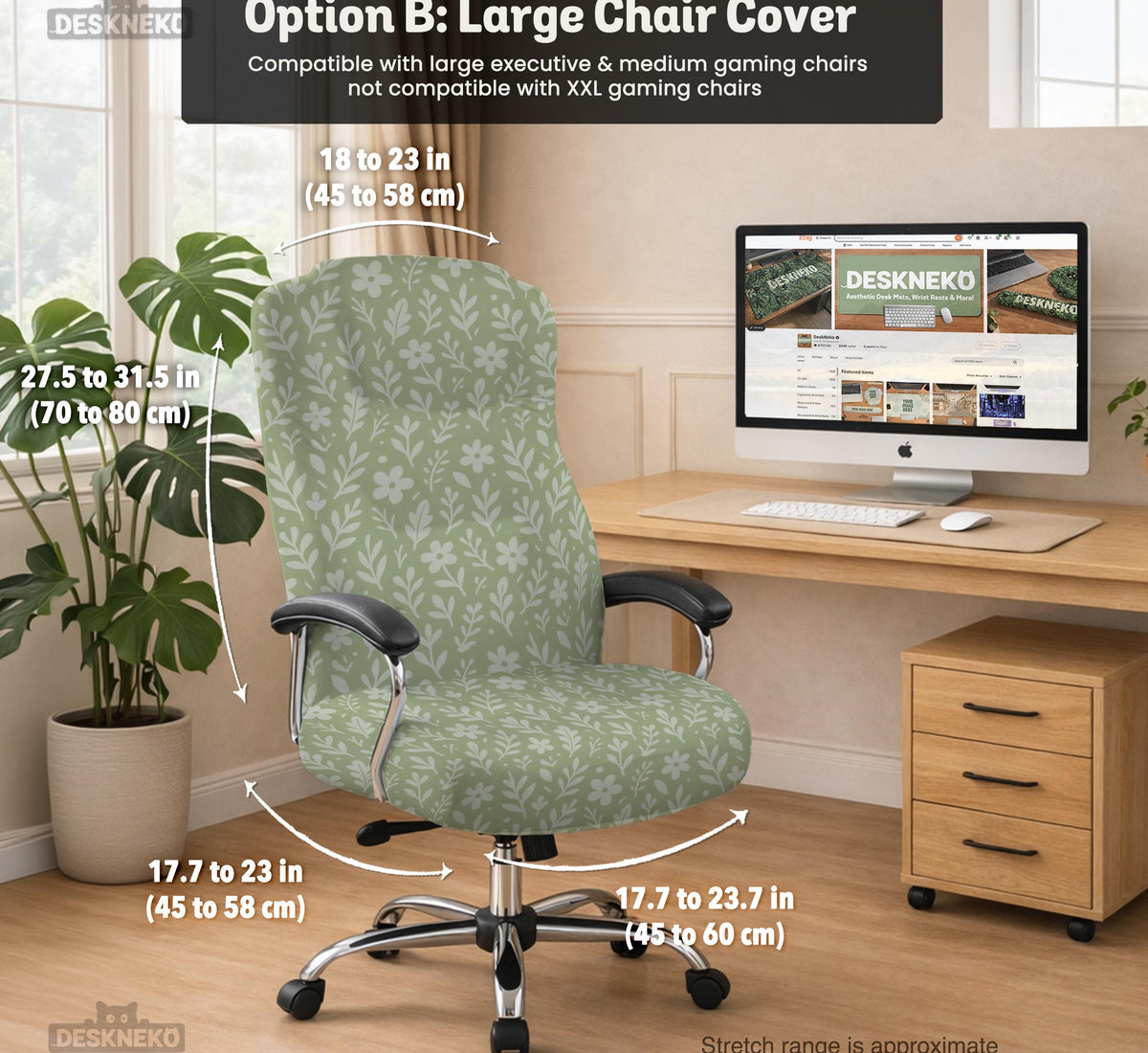 Sage green desk chair cover with a small floral and leaf print shown on an office chair.