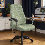 Sage green desk chair cover with a small floral and leaf print shown on an office chair.