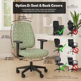 Sage green desk chair cover with a small floral and leaf print shown on an office chair.