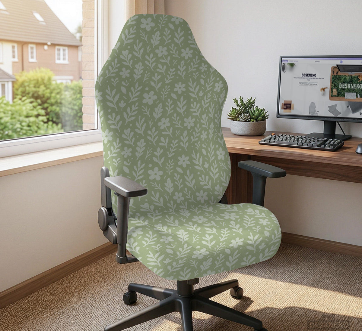 Sage green desk chair cover with a small floral and leaf print shown on an office chair.