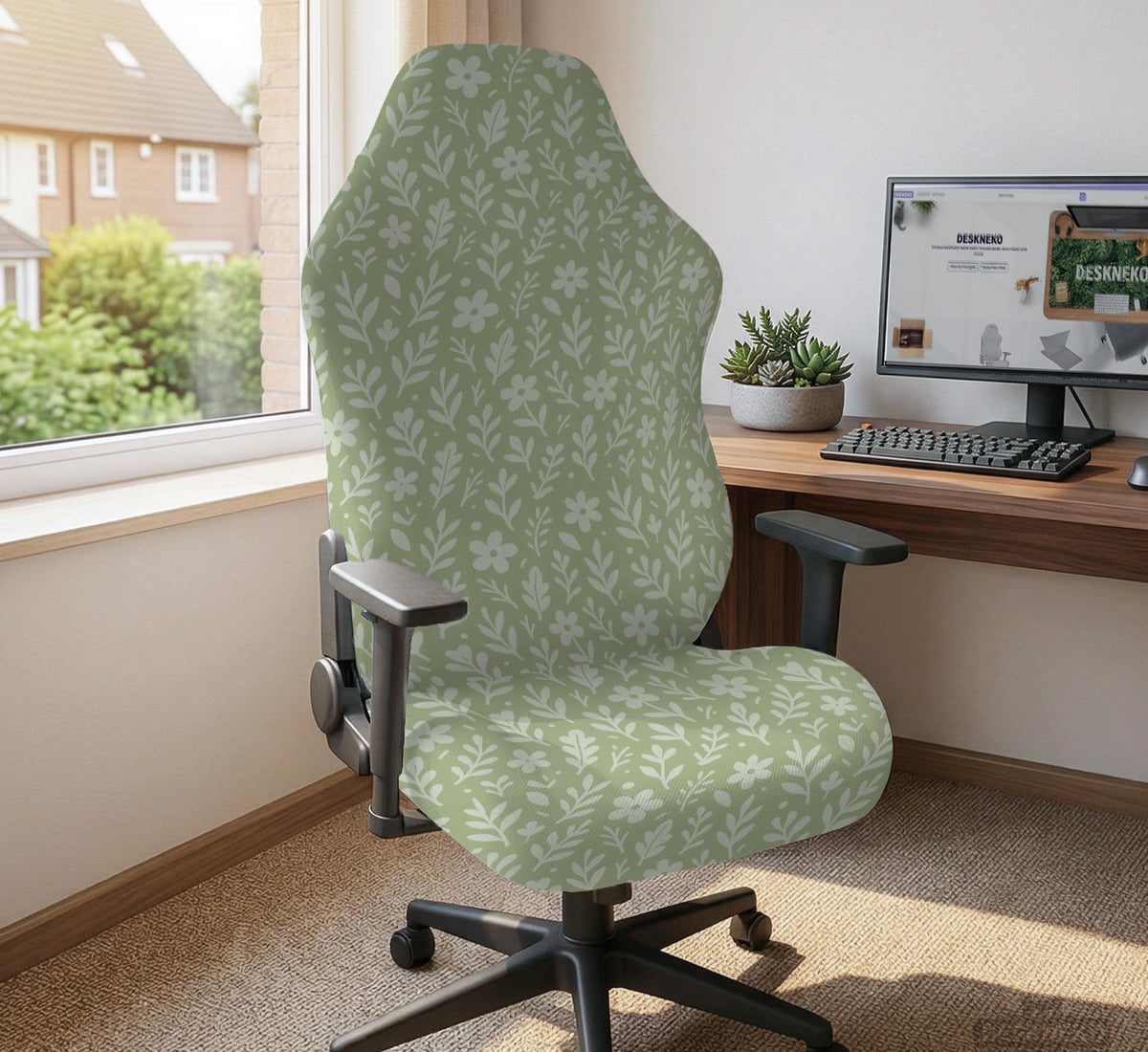Green chair cover with a small botanical floral print in sage and cream.