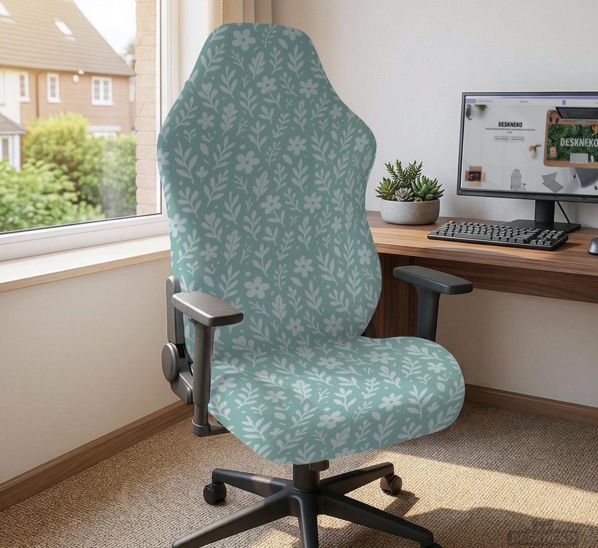 Sage and aqua green floral chair cover shown on a gaming chair with matching armrest covers.