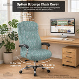 Sage and aqua green floral chair cover shown on a gaming chair with matching armrest covers.