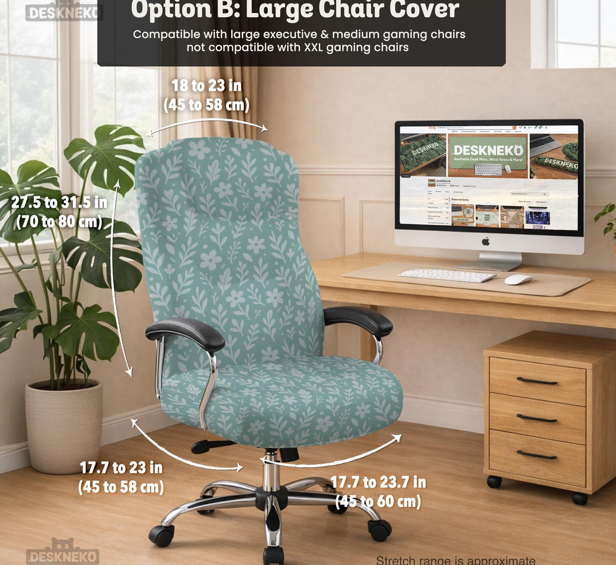Mint and white botanical desk chair cover with a floral leaf pattern shown on an office chair.
