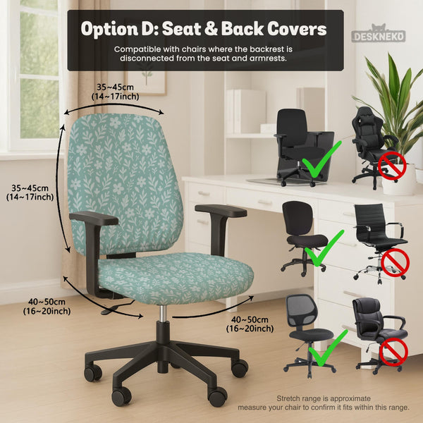 Sage and aqua green floral chair cover shown on a gaming chair with matching armrest covers.