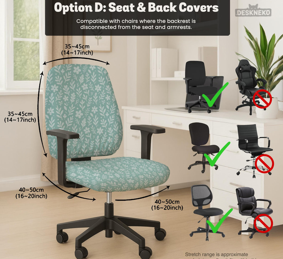 Mint and white botanical desk chair cover with a floral leaf pattern shown on an office chair.