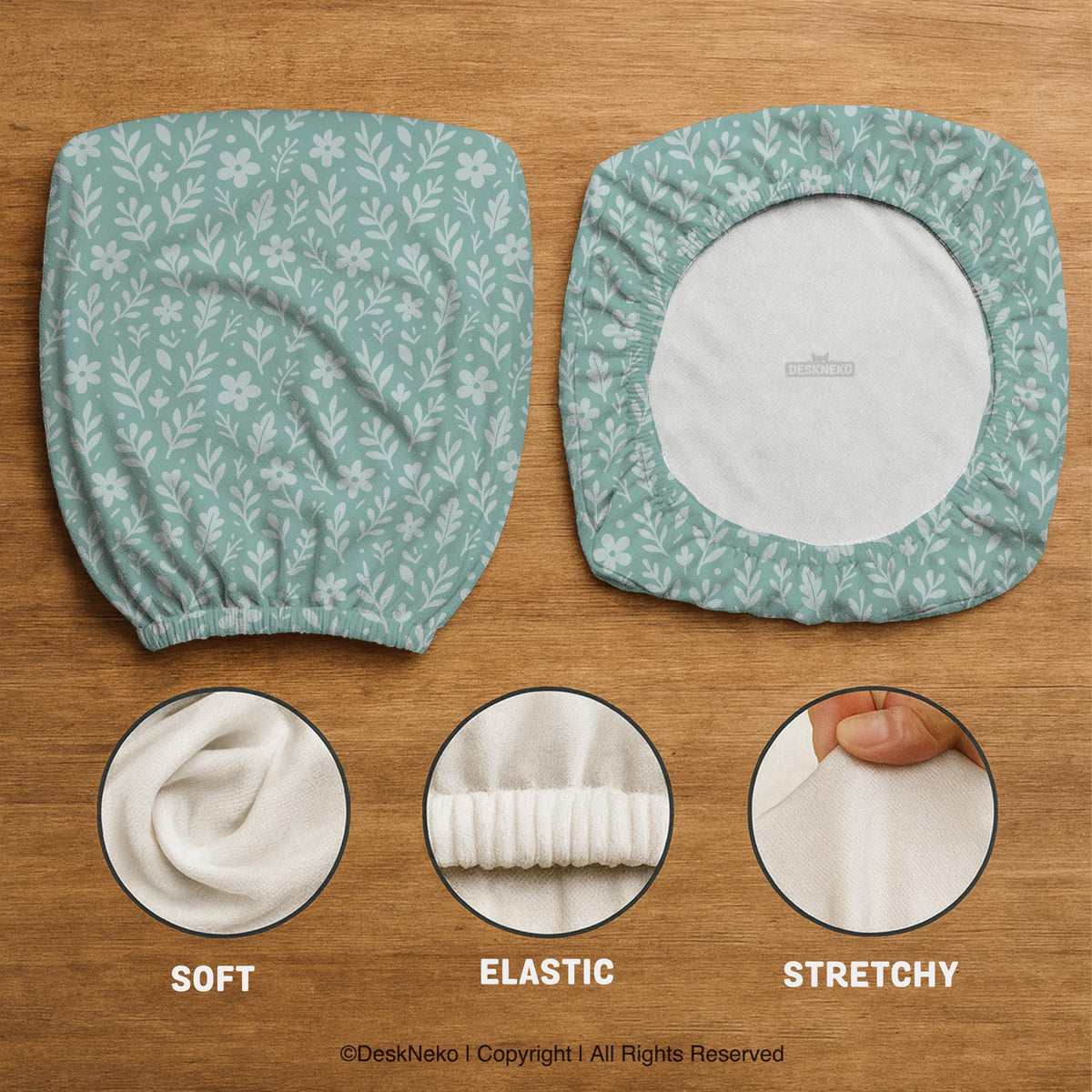 Mint and white botanical desk chair cover with a floral leaf pattern shown on an office chair.